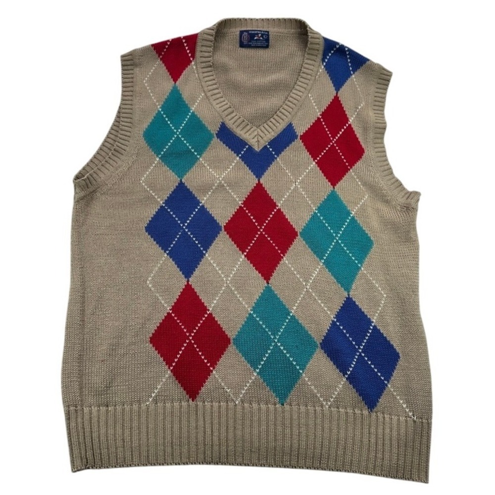 Wakefield Co Kenneth Gordon Mens L Argyle V Neck Sweater Vest Tan Brown Vintage - Picture 1 of 16